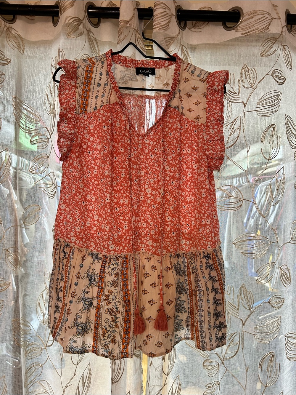 GigiO Coral and Cream Floral Patchwork Flutter Sleeve Tunic